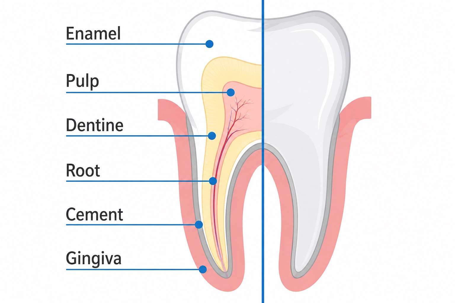 Dental anatomy diagram with labeled layers